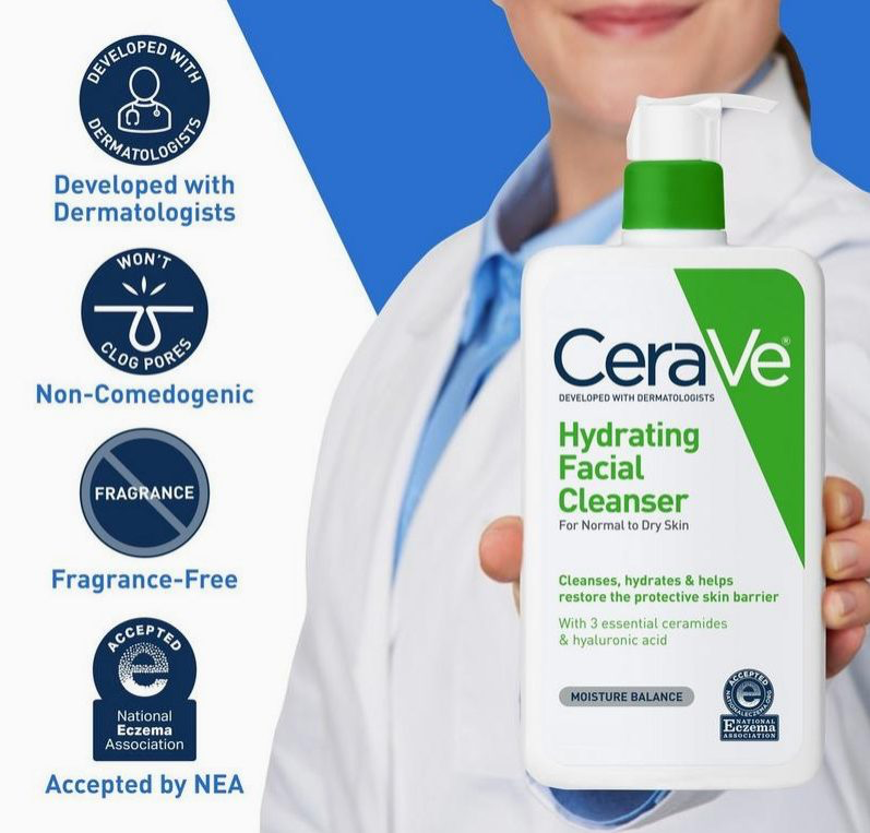 Pump bottle of CeraVe Hydrating Facial Cleanser on a white background