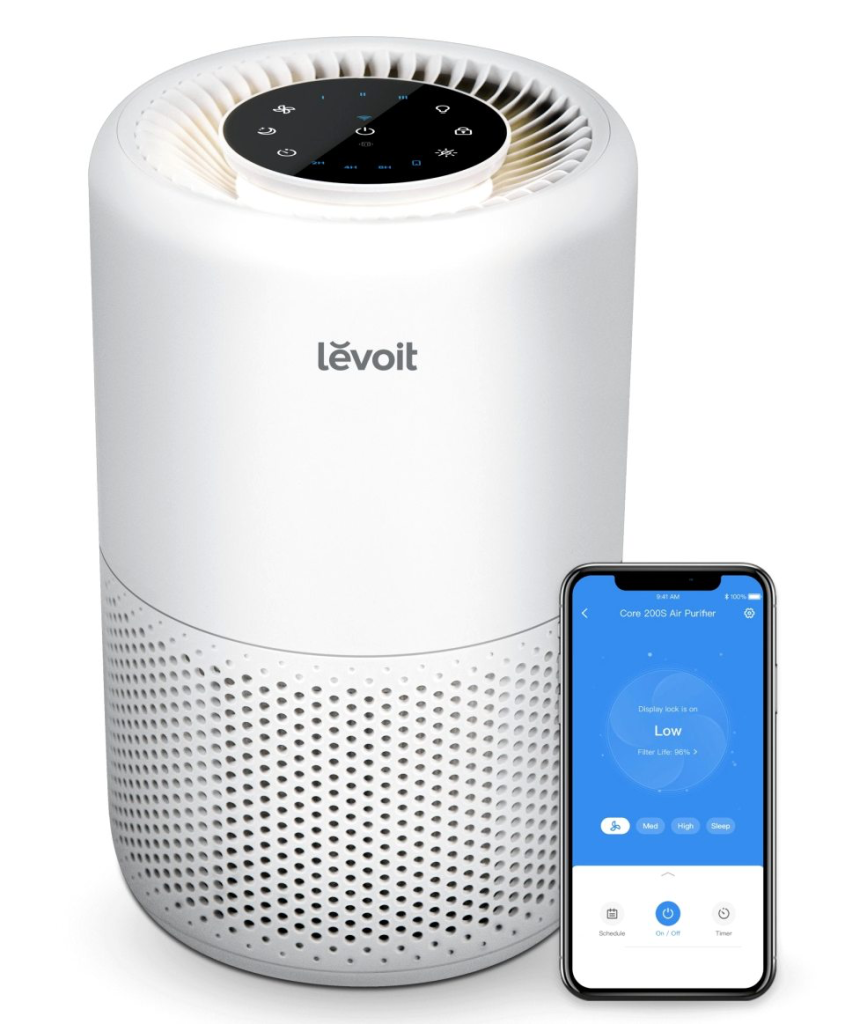 Levoit Core 200S smart ultrasonic humidifier on a desk shelf