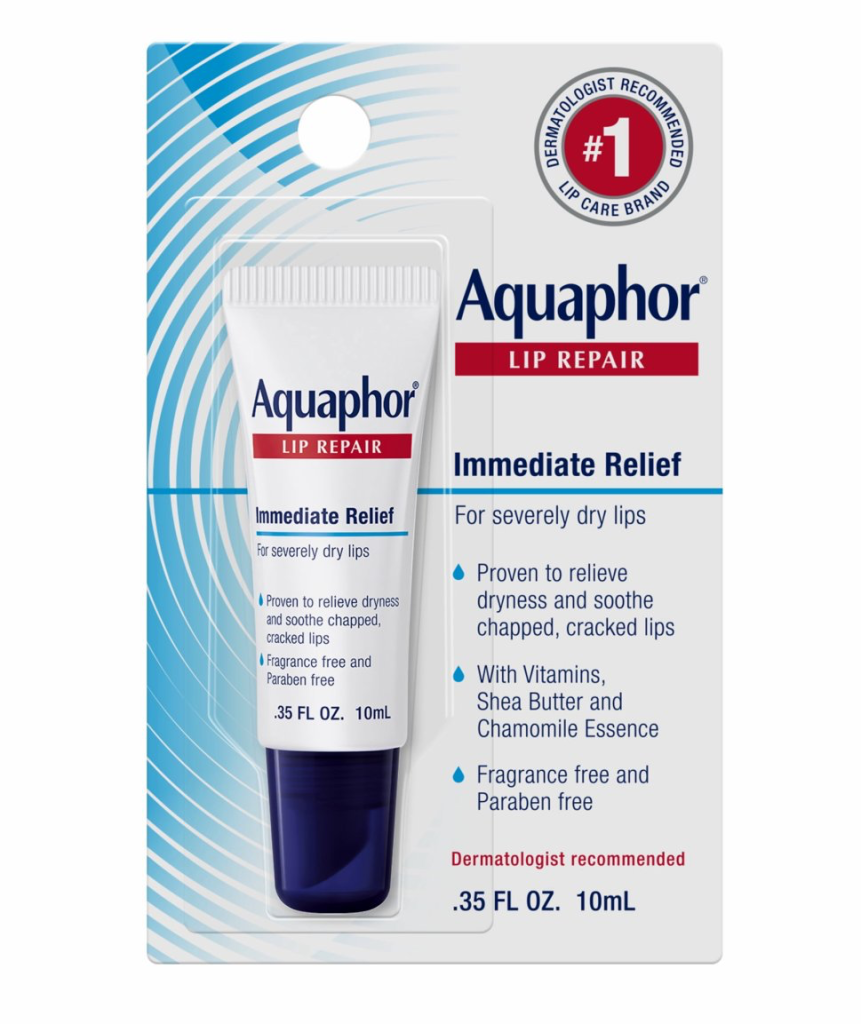 Tube of Aquaphor Lip Repair ointment on a plain background